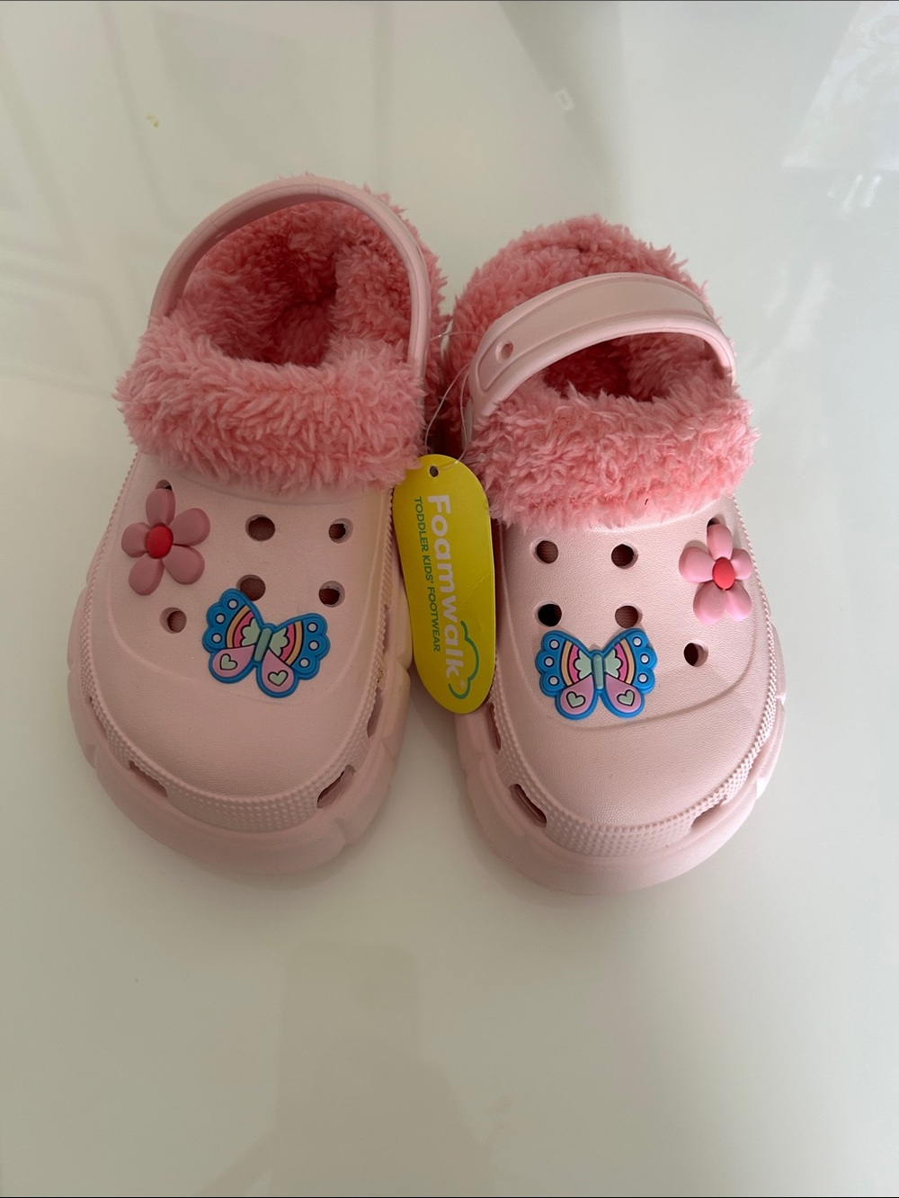 Foamwalk Kids Pink Fuzzy-Lined Slip-On Clogs with Butterfly Accent